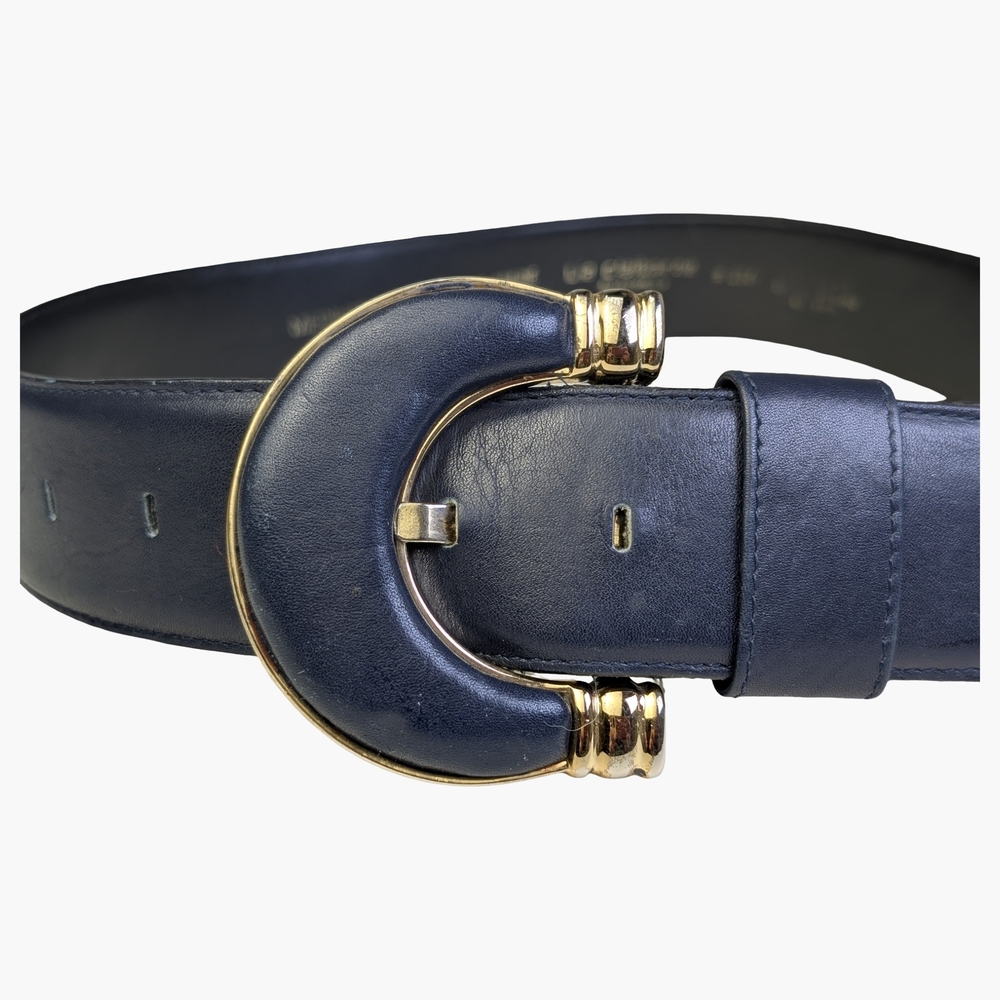 Vintage Liz Claiborne Navy Leather Wide Belt With Gold Buckle | Medium - Picture 2 of 5